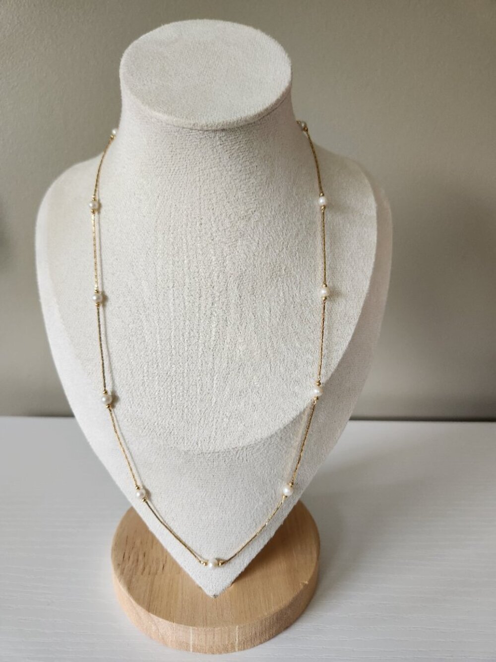 Monet Gold Tone Faux Pearl Station Necklace 19” Minimalist Vintage Jewelry